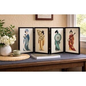 Vintage Japanese‎ Geisha Needlepoint Folding Screen Asian Art Decor 8.5 * 13.5